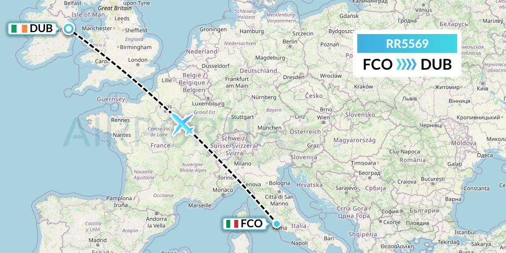 RR5569 Royal Air Force Flight Map: Rome to Dublin