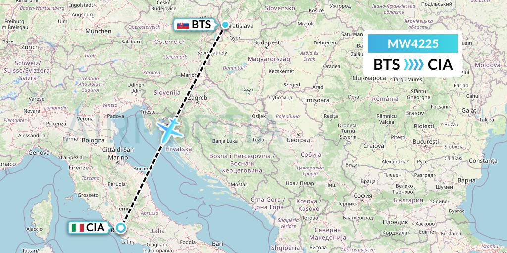 MW4225 Mokulele Flight Service Flight Map: Bratislava to Rome