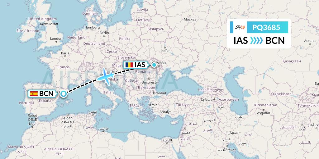 PQ3685 SkyUp Airlines Flight Map: Iasi to Barcelona