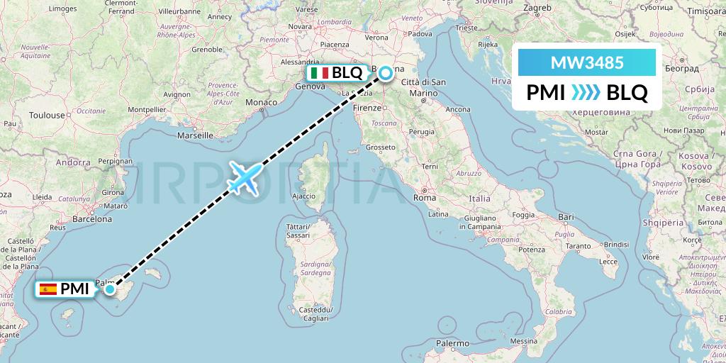MW3485 Mokulele Flight Service Flight Map: Palma de Mallorca to Bologna