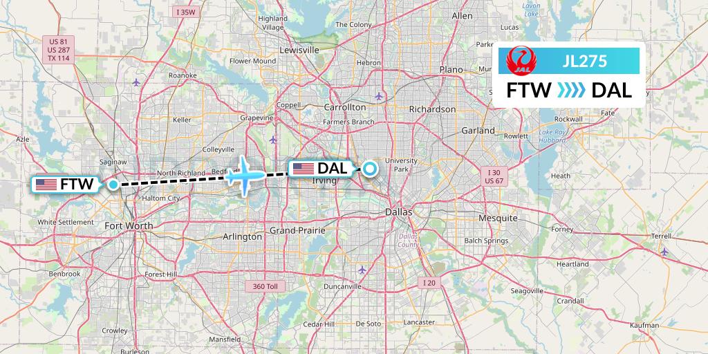 JL275 Japan Airlines Flight Map: Fort Worth to Dallas