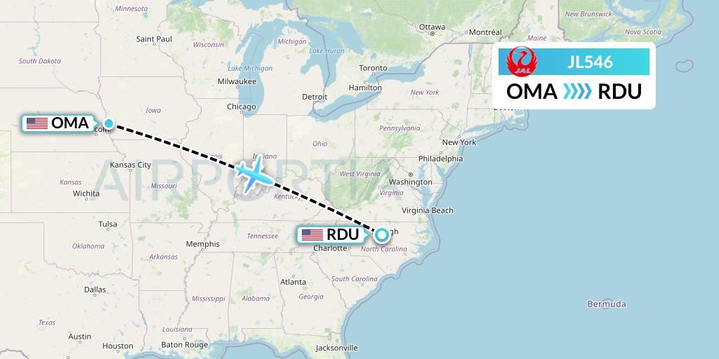 JL546 Japan Airlines Flight Map: Omaha to Raleigh-Durham
