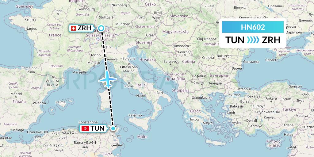 HN602 Uab Heston Airlines Jsc Heston Airl Flight Map: Tunis to Zurich
