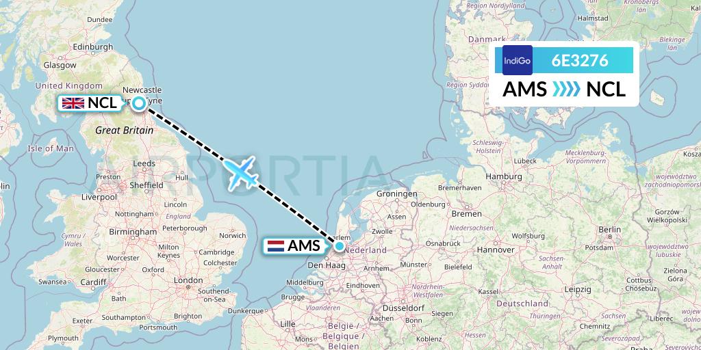 6E3276 IndiGo Airlines Flight Map: Amsterdam to Newcastle