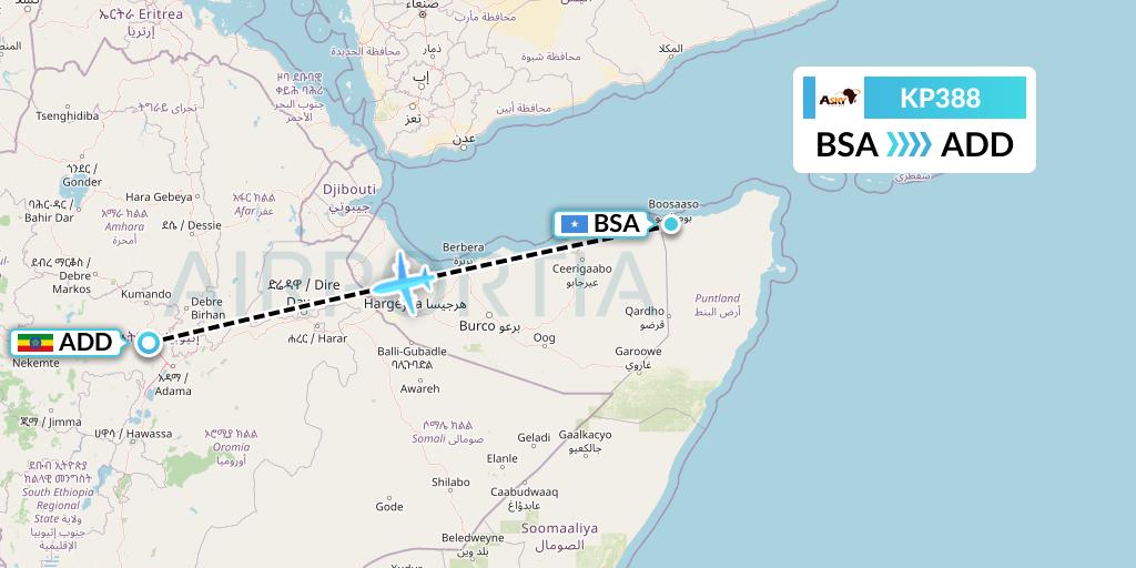 KP388 ASKY Flight Map: Bosaso to Addis Ababa