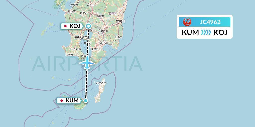 JC4962 Japan Air Commuter Flight Map: Yakushima to Kagoshima