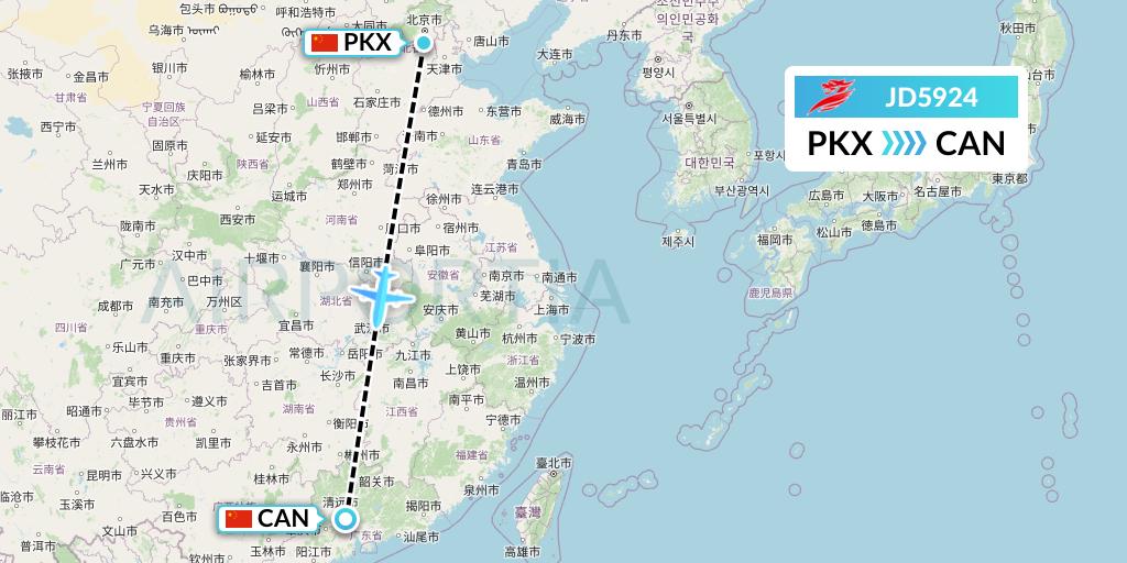 JD5924 Capital Airlines Flight Map: Beijing to Guangzhou