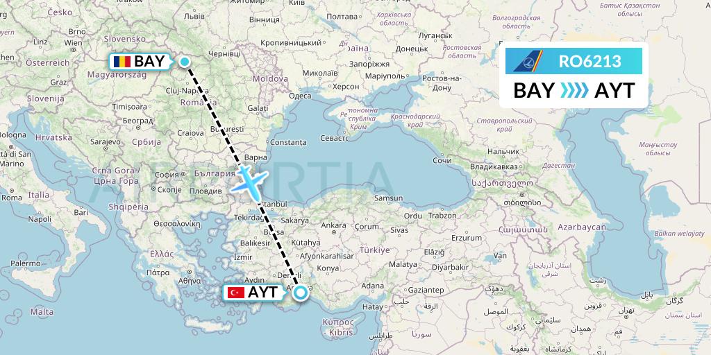 RO6213 Tarom Flight Map: Baia Mare to Antalya