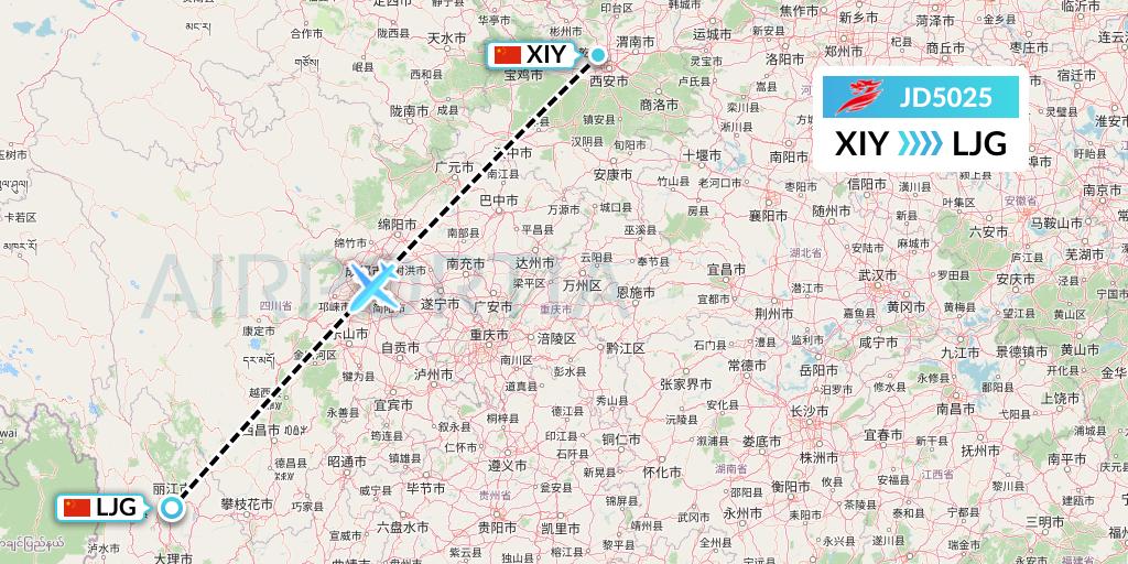 JD5025 Capital Airlines Flight Map: Xi'an to Lijiang
