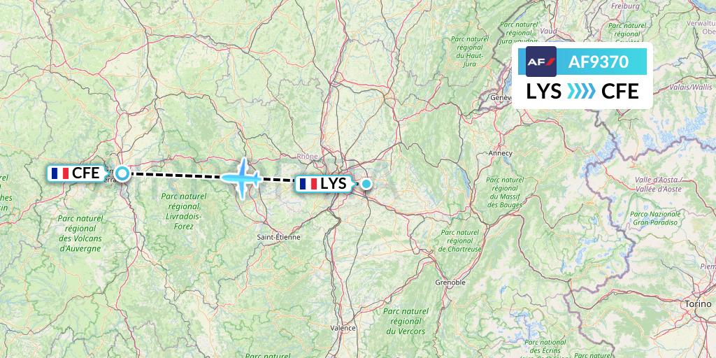 AF9370 Air France Flight Map: Lyon to Clermont-Ferrand