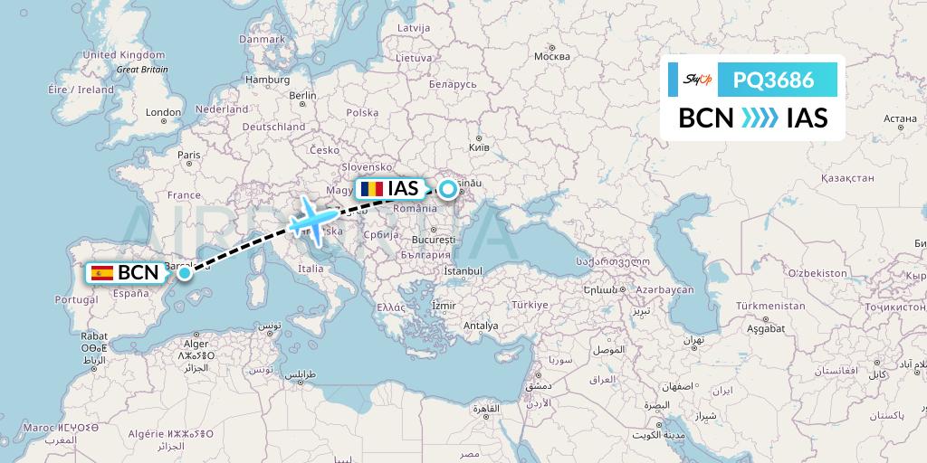 PQ3686 SkyUp Airlines Flight Map: Barcelona to Iasi