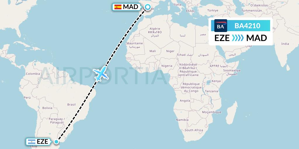 BA4210 British Airways Flight Map: Buenos Aires to Madrid