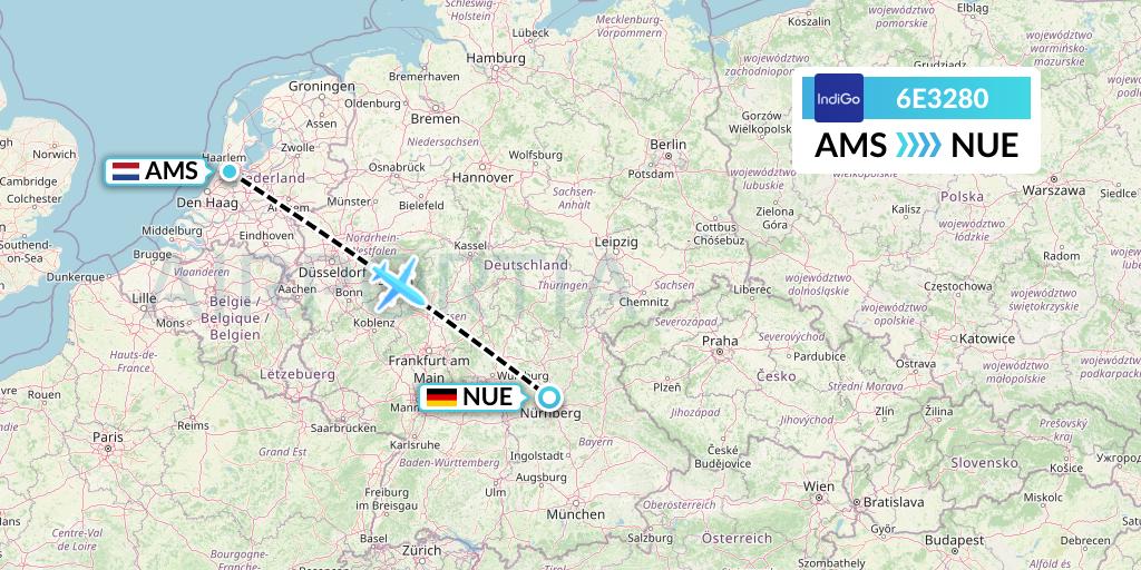 6E3280 IndiGo Airlines Flight Map: Amsterdam to Nurnberg