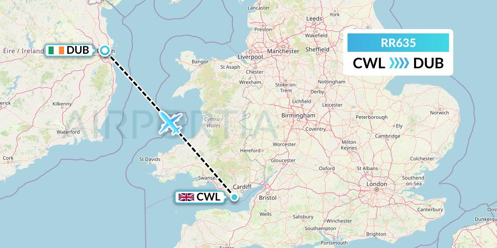 RR635 Royal Air Force Flight Map: Cardiff to Dublin
