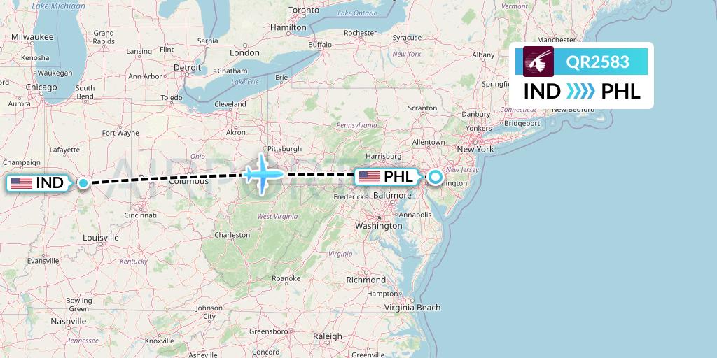 QR2583 Qatar Airways Flight Map: Indianapolis to Philadelphia