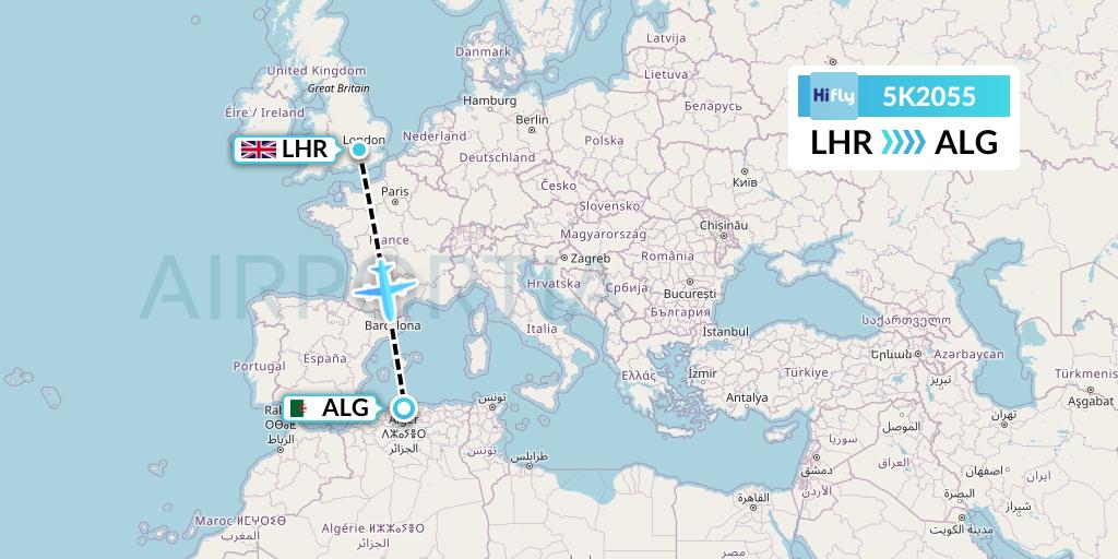 5K2055 Hi Fly Flight Map: London to Algiers