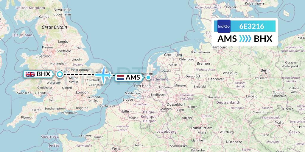 6E3216 IndiGo Airlines Flight Map: Amsterdam to Birmingham