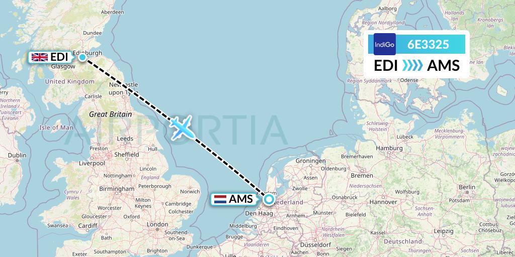 6E3325 IndiGo Airlines Flight Map: Edinburgh to Amsterdam