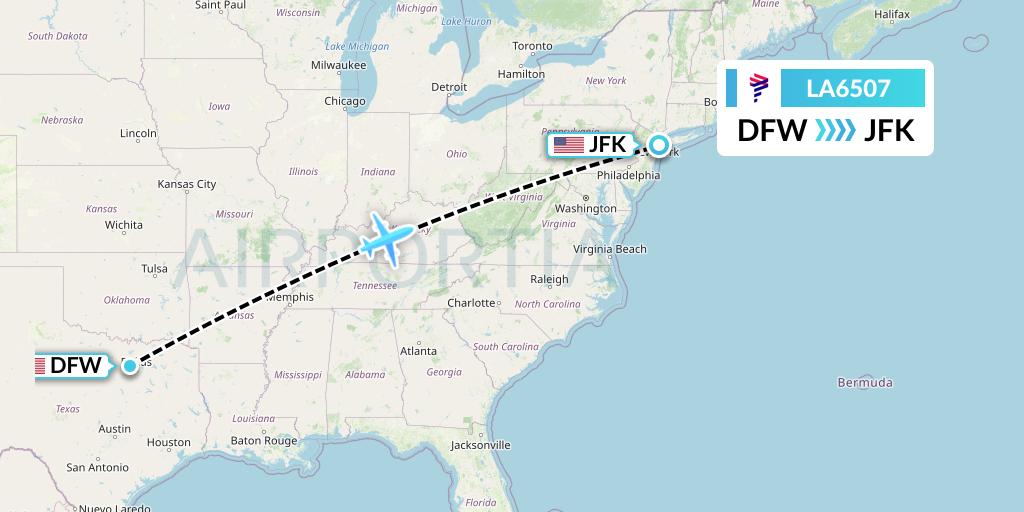 LA6507 LAN Airlines Flight Map: Dallas to New York