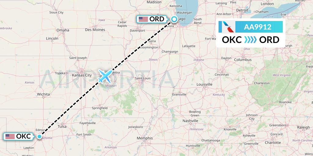 AA9912 American Airlines Flight Map: Oklahoma City to Chicago