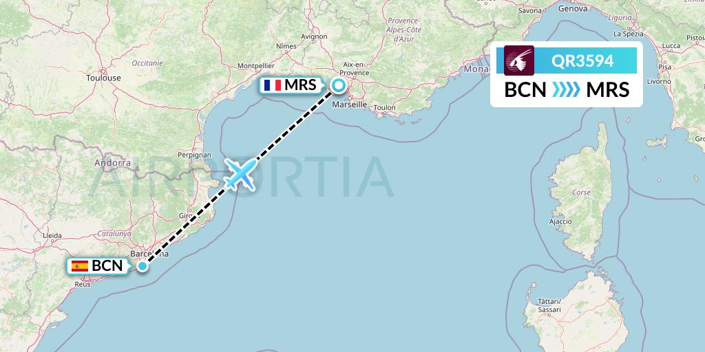 QR3594 Qatar Airways Flight Map: Barcelona to Marseille