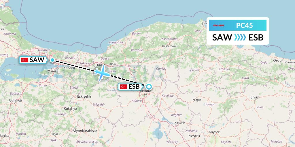 PC45 Pegasus Airlines Flight Map: Istanbul to Ankara