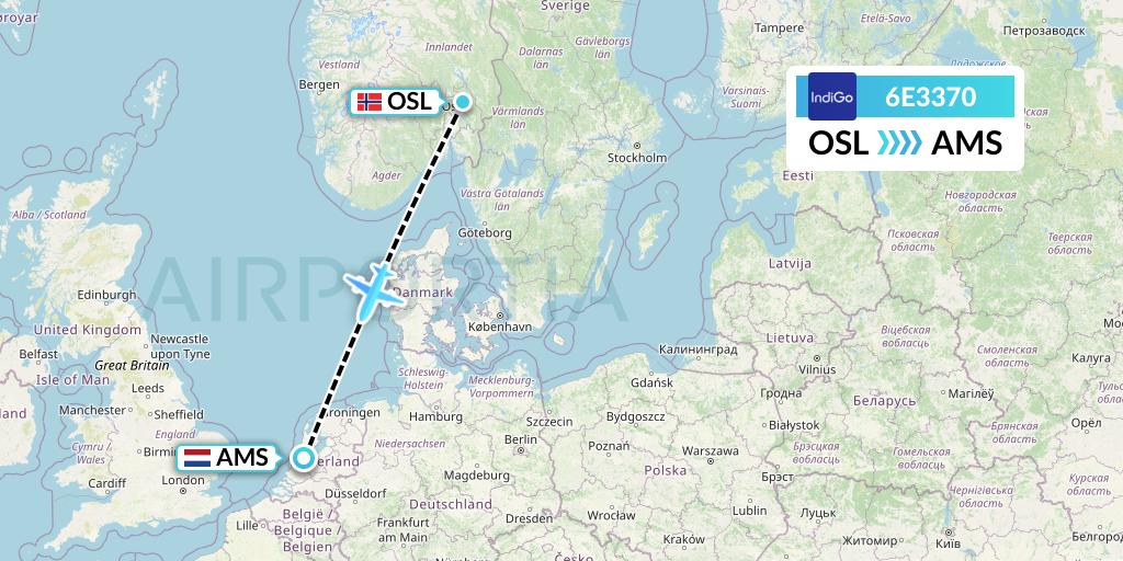 6E3370 IndiGo Airlines Flight Map: Oslo to Amsterdam