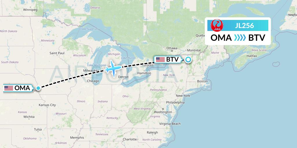 JL256 Japan Airlines Flight Map: Omaha to Burlington