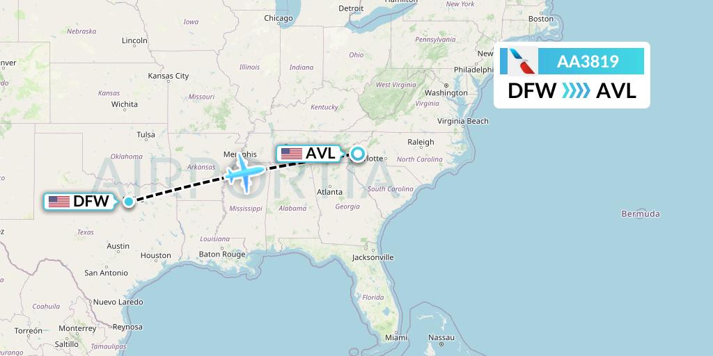 AA3819 American Airlines Flight Map: Dallas to Asheville