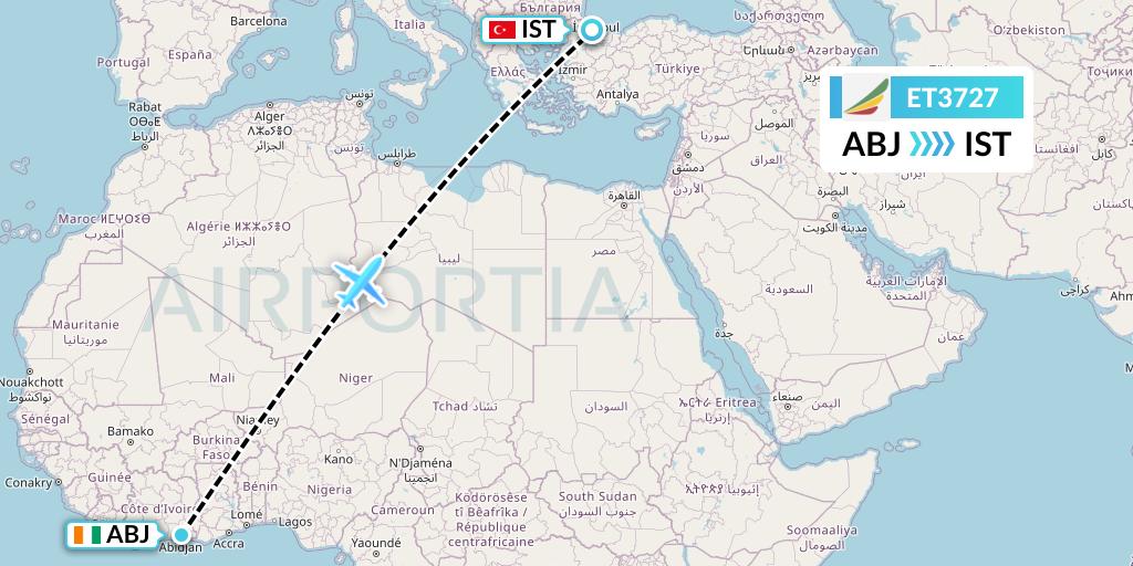 ET3727 Ethiopian Airlines Flight Map: Abidjan to Istanbul