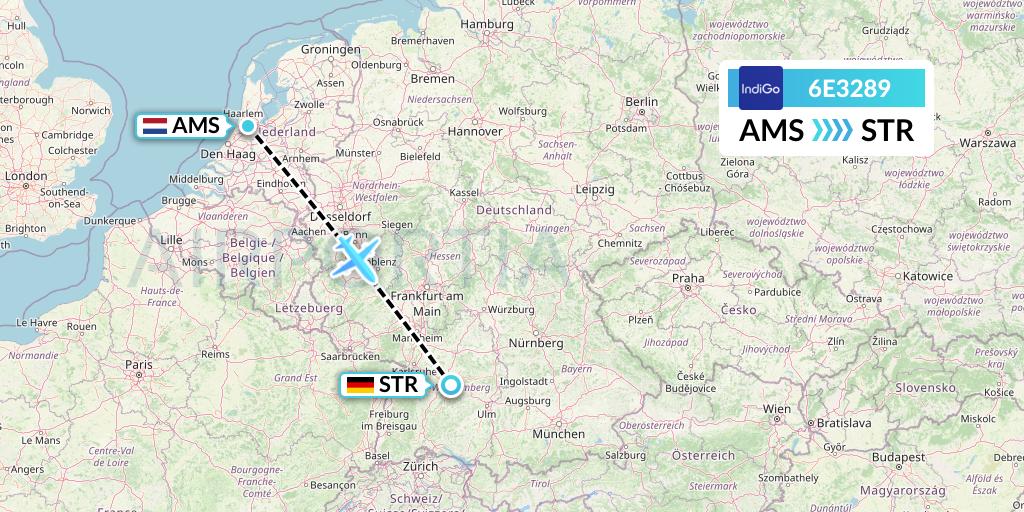 6E3289 IndiGo Airlines Flight Map: Amsterdam to Stuttgart