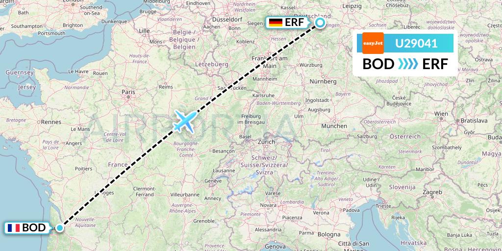 U29041 EasyJet Flight Map: Bordeaux to Erfurt
