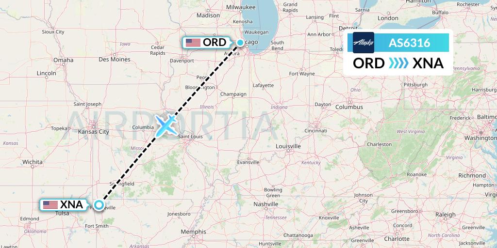 AS6316 Alaska Airlines Flight Map: Chicago to Bentonville