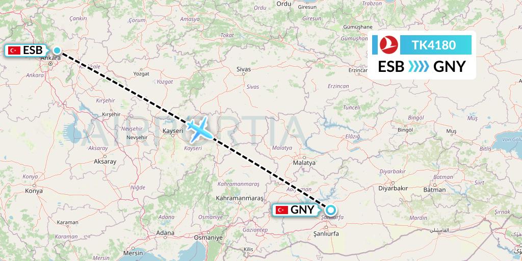 TK4180 Turkish Airlines Flight Map: Ankara to Sanliurfa