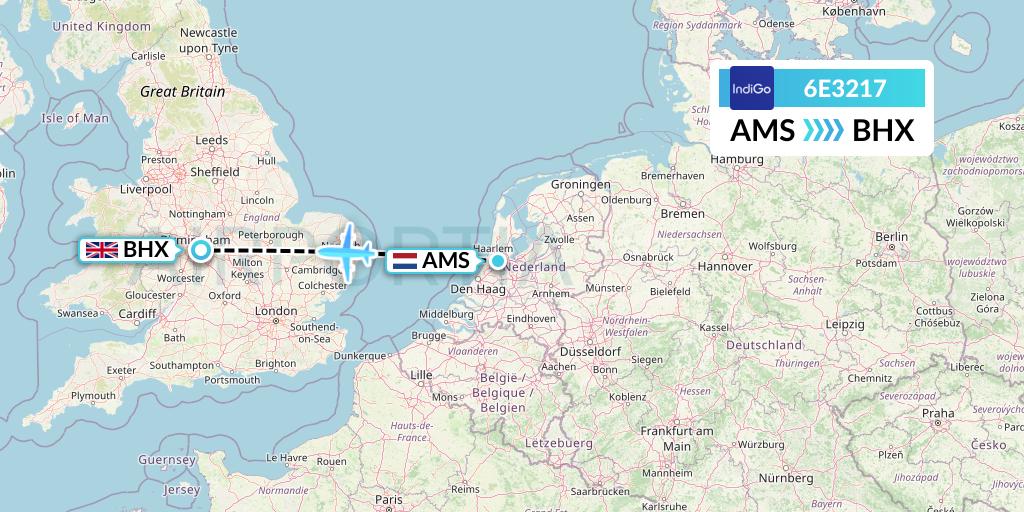 6E3217 IndiGo Airlines Flight Map: Amsterdam to Birmingham