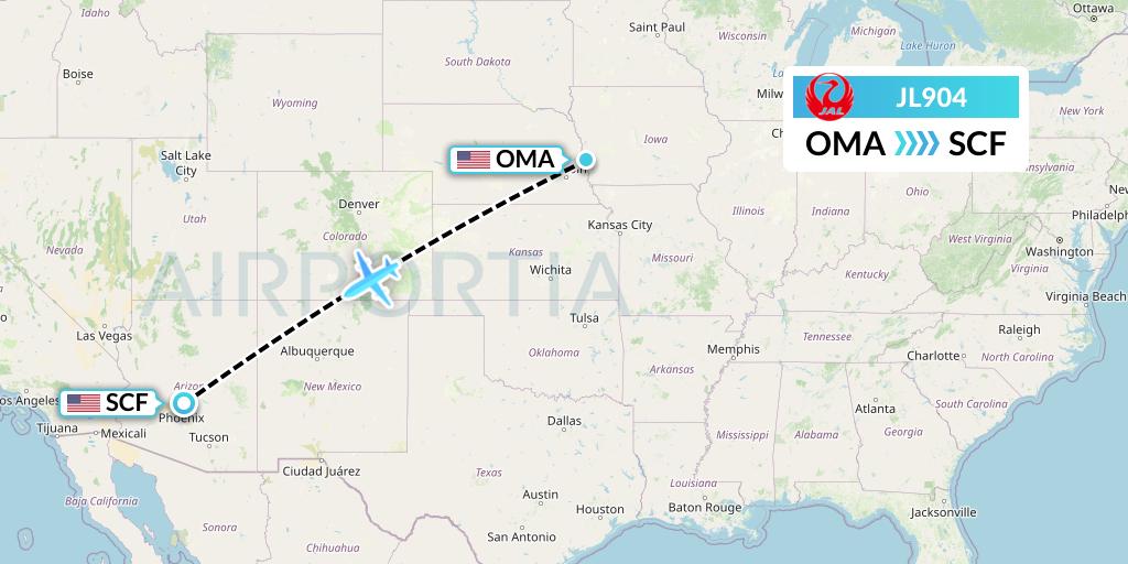 JL904 Japan Airlines Flight Map: Omaha to Scottsdale