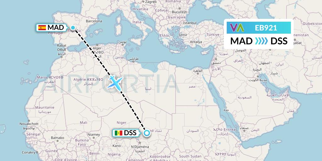 EB921 Wamos Air Flight Map: Madrid to Dakar