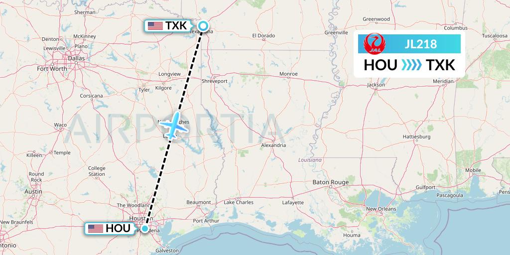 JL218 Japan Airlines Flight Map: Houston to Texarkana