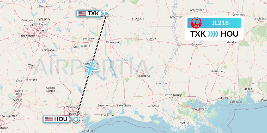 JL218 Japan Airlines Flight Map: Texarkana to Houston