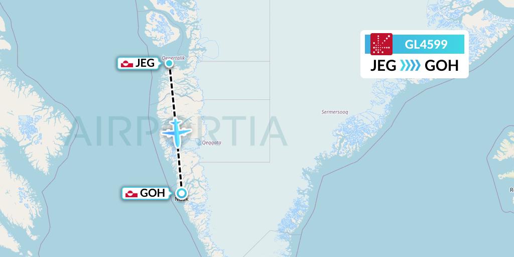 GL4599 Air Greenland Flight Map: Aasiaat to Nuuk