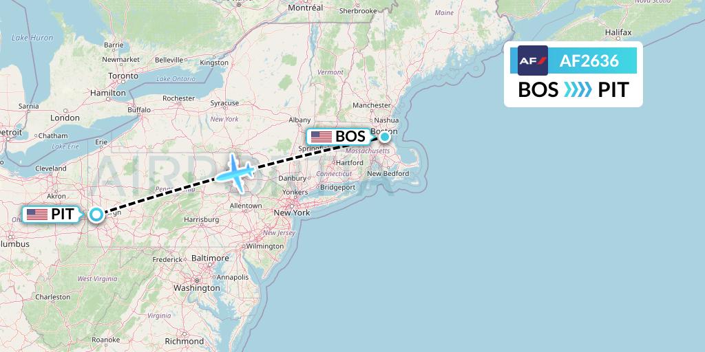 AF2636 Air France Flight Map: Boston to Pittsburgh
