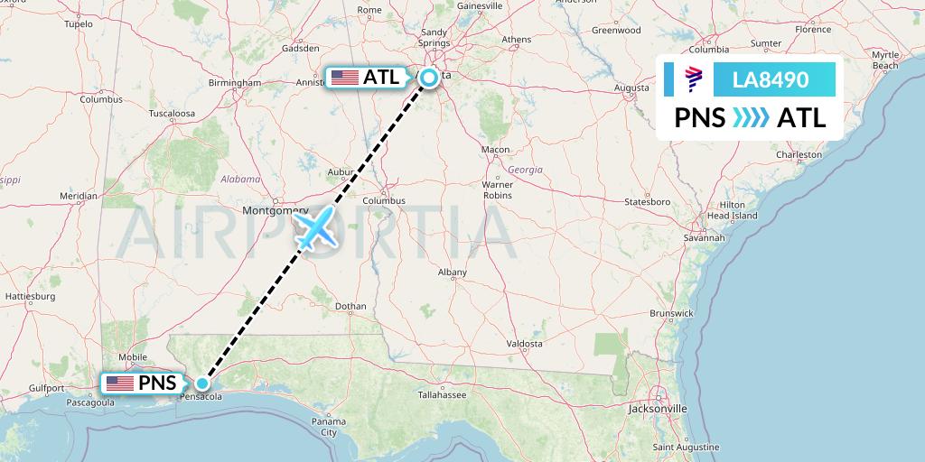 LA8490 LAN Airlines Flight Map: Pensacola to Atlanta