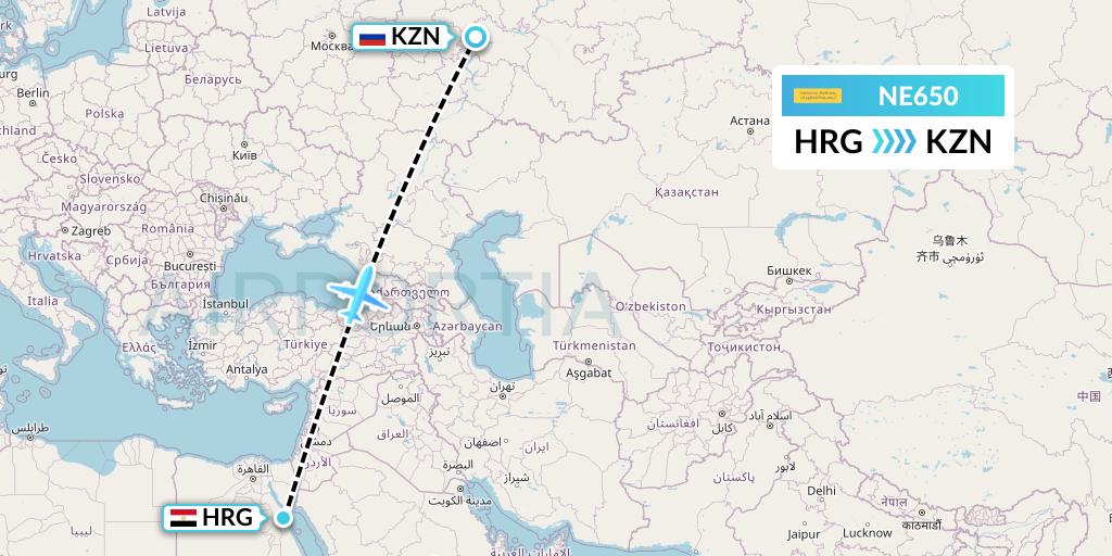 NE650 Nesma Airlines Flight Map: Hurghada to Kazan