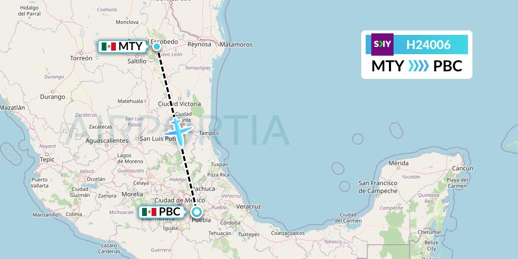 H24006 Sky Airline Flight Map: Monterrey to Puebla
