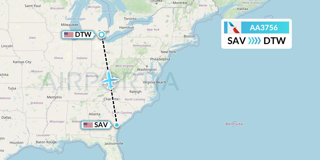AA3756 American Airlines Flight Map: Savannah to Detroit