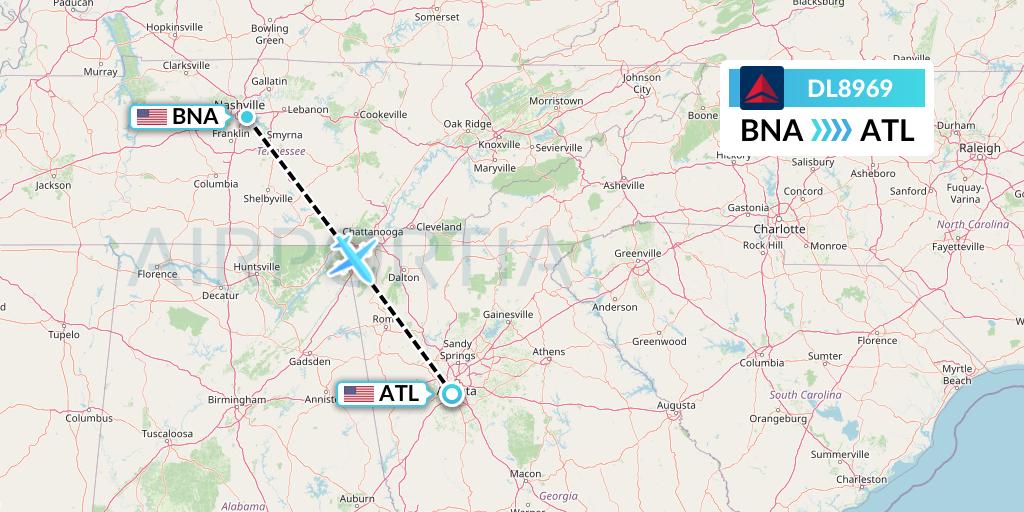 DL8969 Delta Air Lines Flight Map: Nashville to Atlanta