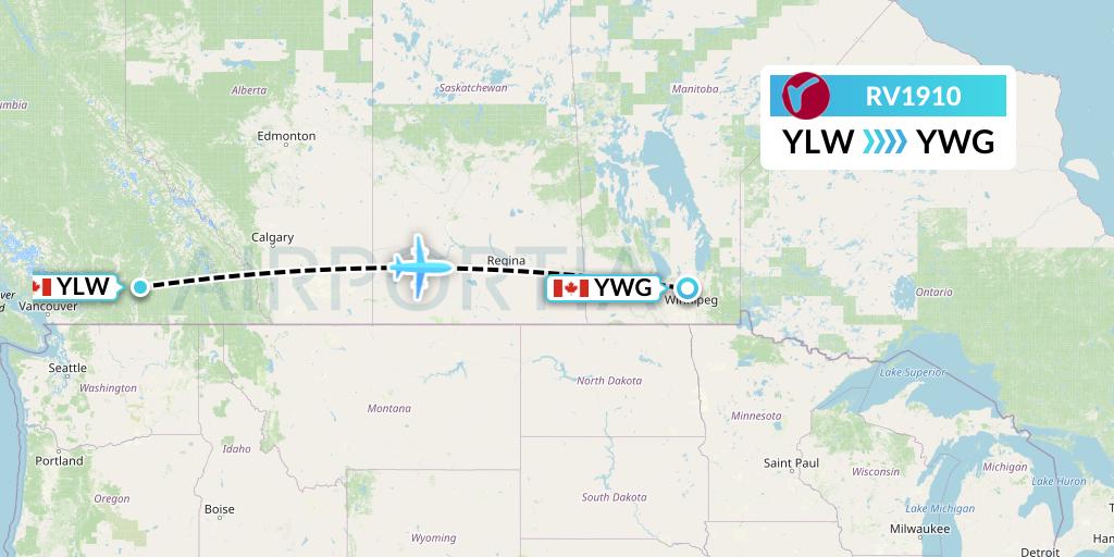 RV1910 Air Canada Rouge Flight Map: Kelowna to Winnipeg