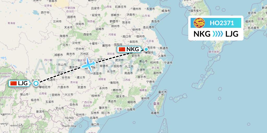 HO2371 Juneyao Airlines Flight Map: Nanjing to Lijiang