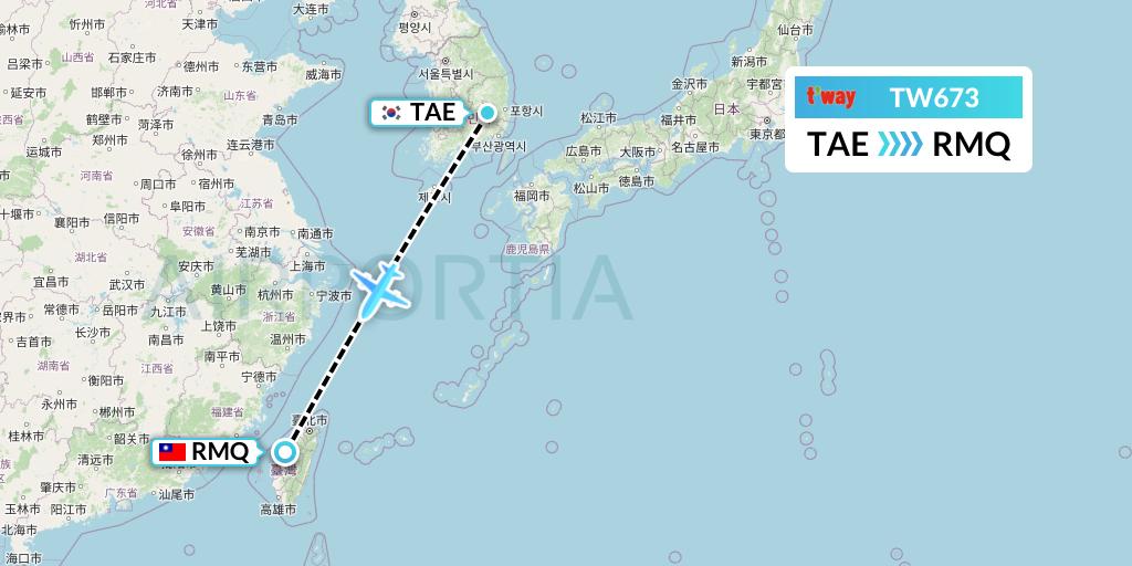 TW673 T'way Air Flight Map: Daegu to Taichung