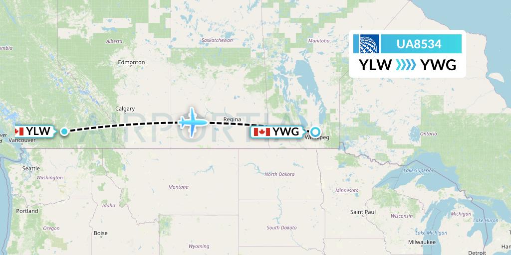 UA8534 United Airlines Flight Map: Kelowna to Winnipeg